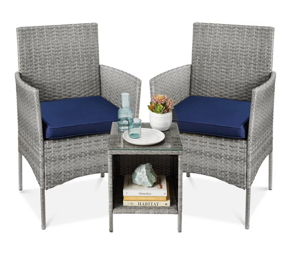 3-Piece Outdoor Wicker Conversation Bistro Set -Gray/Navy