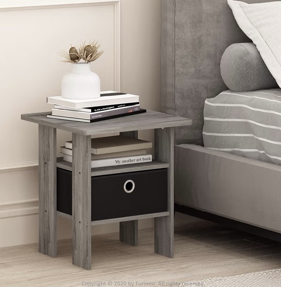Small Night Stand with Open Shelves and Storage Bin for Living Room and Bedroom (French Oak) (Pair)